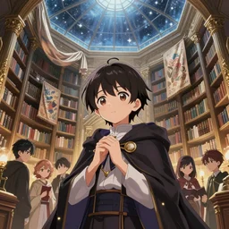 cute teenage mage with a polygonal library walls and glass ceilings showing the stars and hanging silk drapery and tapestries, light dust, magnificent, close up, details, sharp focus, elegant, highly detailed, illustration, by Jordan Grimmer and greg rutkowski and PiNe(パイネ) and 薯子Imoko and 香川悠作 and wlop and maya takamura, intricate, beautiful, Trending artstation, pixiv, digital Art