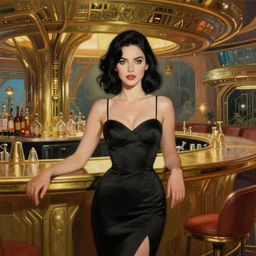 beautiful woman with black hair and green eyes. she is wearing a cocktail dress. she is in the bar of the atlantis paradise, a retro futuristic spaceship made of brass bronze gold, art deco influence, hotel style design. clean, well composed painting by artgerm and greg rutkowski.