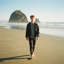 a film photo young 20s something man walking on beach in Oregon, facing camera, Kodak gold 200 film, trending on instagram