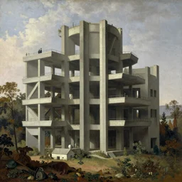 classical landscape paintings of brutalist concrete structures, masterpiece, insanely detailed and intricate, by eugene von guerard, asher brown durand and charles - francois daubigny