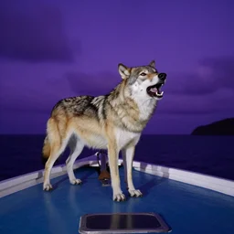 a wolf barking on a ships bow during night with purple sky in fernando de noronha