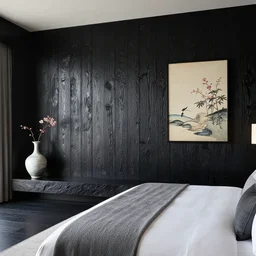 bedroom, stone, interior design, stylish luxury hotel bedroom design, yakisugi, black vertical slatted timber, textures, feminine, black walls, art, japanese pottery vase with flowers, kakejiku, seasonal, japanese influences