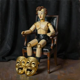 oil painting of ventriloquist's dummy, sitting on chair with black leather seat, with gold comedy and tragedy masks on floor, black curtains in background, by neo rauch and paula rego