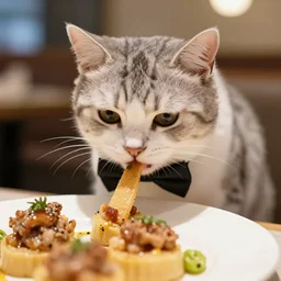 a high quality closeup shot of a cat wearing a bowtie eating at a gourmet restaurant, 8 k
