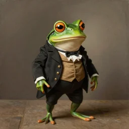 subject: frog gentleman in a costume anthropomorphic portrait, style: Victorian England man portrait by Rembrandt