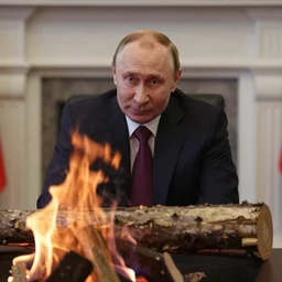vladimir putin behind a log fire smirking reflections lighting