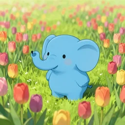 a little blue elephant on a field of tulips, anime art, high resolution 4 k, art by feng zhu and loish and laurie greasley
