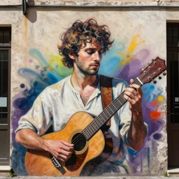 “Spray paint stencil portrait of a Greek musician on the city wall, colorful, but very good looking”