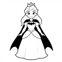 figure princess batman, cape, marvel, dc, xmen, frozen, dress, powerful, beautiful, in the coloring book style, black and white, simplified, minimalist, plain background, cartoon, big eyes