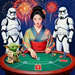 woman in a japanese kimono sitting at an extremely detailed poker table with yoda and startrooper, fireworks on the background, by andy warhol, by roy liechtestein, canvas, acrylic paint, saturated, ultra - hd