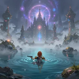 landscape of Aloy with pistol swimming in chromatic SPIRITS in misty mysterious astral temple, beautiful, dmt, trending on artstation, omnious, soft, artwork by Wong, Liam
