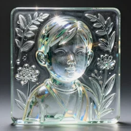 portrait of Uwu the shining glass figurine, embossed panel with leaves and flowers, refracting light, caustics, light rays shining through, epic 8k, Zeiss 75mm
