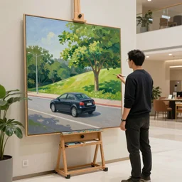 a painting of a man standing in a lobby, painting a painting of a car in the street, painting a painting of a tree on a grassy Sunny Hill