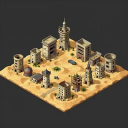 isometric abandoned town in the desert, in the style of ghost in the shell, sprite, game asset, unity store, unreal engine, 2 d hd, kyoto animation