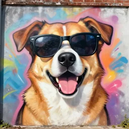 a happy dog with sunglasses in the style of graffiti art