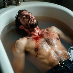 hyper detailed movie still of marat wounded at the chest, in a bath flooded with blood, cinestill 8 0 0 t 3 5 mm, high quality, heavy grain, high detail, cinematic composition, dramatic light, anamorphic, ultra wide lens, hyperrealistic, by josef sudek