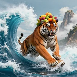 fierce wild muscular tiger wearing a multi variety fruit hat riding a giant oceanic wave shattering through a mountain triumphantly, artstation, detailed