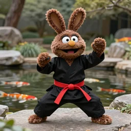 a fluffy chocolate brown karate loving muppet bunny wearing cool black ninja clothes with a red belt and practicing her karate out in nature by a koi pond, photorealistic, photography, ambient occlusion, rtx, national geographic, sesame street