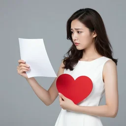 a beautiful girl in a white dress holding a red heart and looking at the blank sheet with sadness