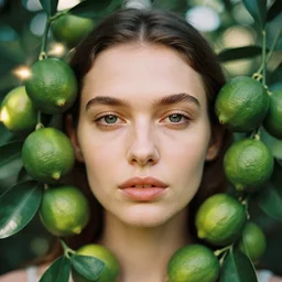 analog close up frontal face portrait photography of a beautiful woman surrounded green limes by maxim nikolaev. vogue. kodak portra 8 0 0 film. ( depth of field ). whirl bokeh!!. golden hour. detailed. hq. realistic. warm light. muted colors. filmic. dreamy. lens flare. mamiya 7 ii, f / 1. 2, symmetrical balance, in - frame