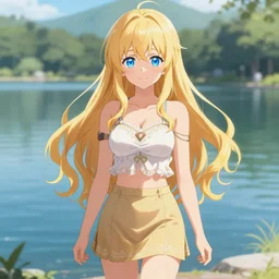 a very beautiful anime cute girl, full body, long wavy blond hair, sky blue eyes, full round face, short smile, fancy top, miniskirt, summer lake setting, medium shot, mid-shot, highly detailed, cinematic wallpaper by Stanley Artgerm Lau