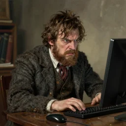 angry scottish man at computer, detailed, ray tracing, 4 k, by paula modersohn - becker
