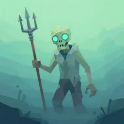 square low poly painting by greg rutkowski of a drowned zombie holding a trident with glowing cyan eyes, wearing ragged clothing, holding a trident, underwater, pastel green and blue color palette
