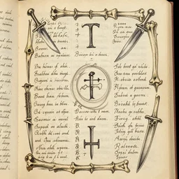 a full page scan of handwritten evil spells, illustrated, intricate writing, knives made of human bones, satanic, evil, grimoire page, necronomicon style