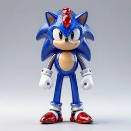 a statue made of blue glass and red jewels, of sonic the hedgehog wearing alexander mcqueen, transhumanism, full body shot, perfect symmetrical body, perfect symmetrical face, hyper realistic, hyper detailed, by johannen voss, by peter kemp, by monia merlo, by michelangelo, octane render, blender, 8 k