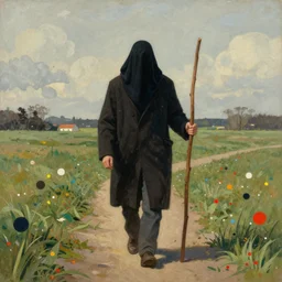 a man walking along a field path a man wearing a long coat covering his head, by yaoy kusama, illustration, a man holding a long stick in his hand, mysterious traveler mysterious past