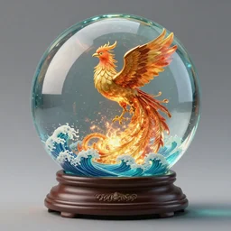 crystal ball with phoenix bird rising from the ashes inside, ocean waves below, studio ghibili, path traced, octane render, highly detailed, high quality, artgerm, hd, alphonse mucha, tom bagshaw