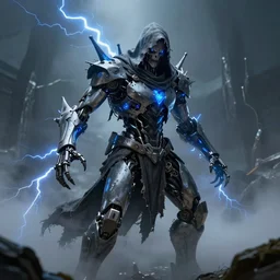 character design, biomechanical arcanist, tattered hood, blue lightning, fog, scary, arrogant, challenging, photorealistic, cinematic, hyper realistic, octane render, 8 k, wide angle