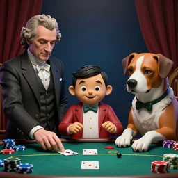 a highly detailed matte portrait of dogs playing poker with mister bean, art by cassius marcellus coolidge and jacque - louis david, volumetric lighting, octane render, 4 k resolution, trending on artstation, masterpiece