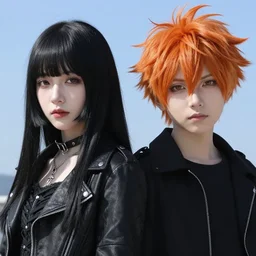 orange - haired anime boy, 1 7 - year - old anime boy with wild spiky hair, standing next to 1 7 - year - old pale - skinned persian girl with black long bob cut, long bangs, black gothic jacket, ultra - realistic, sharp details, subsurface scattering, blue sunshine, intricate details, hd anime, 2 0 1 9 anime
