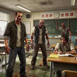 highly detailed modern high school classroom with three zombies in gta v, horrible rotting flesh, stephen bliss, unreal engine, fantasy art by greg rutkowski, loish, rhads, ferdinand knab, makoto shinkai and lois van baarle, ilya kuvshinov, rossdraws, tom bagshaw, global illumination, detailed and intricate environment