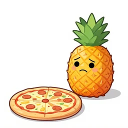 a sad pineapple next to a pizza, cartoon, cell shaded