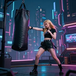 a girl like (yoona, Elle Fanning), punching in a bag, background cyberpunk city, kpop, fullshot, photo, volumetric lighting, epic composition, intricate details, dark neon punk, by KDA