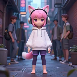 cute anime boy with pink hair and pink wolf ears and barefoot wearing headphones and hoodie and leggings under shorts in a narrow alleyway in cyberpunk city. character design by cory loftis, fenghua zhong, ryohei hase, ismail inceoglu and ruan jia. artstation, volumetric light, detailed, photorealistic, fantasy, rendered in octane