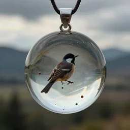 bird droppings in a clear round glass necklace pendant, detailed