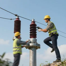 engineer repairing a power transmission line support, long shot, motion blur, sharp focus, illustration, highly detailed, photorealistic, artstation, octane render, unreal engine,