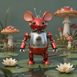 adventurer ( ( ( ( ( 1 9 5 0 s retro future robot mouse amphibious vehical home android. muted colors. swamp mushrooms. water lilies ) ) ) ) ) by jean baptiste monge!!!!!!!!!!!!!!!!!!!!!!!!! chrome red