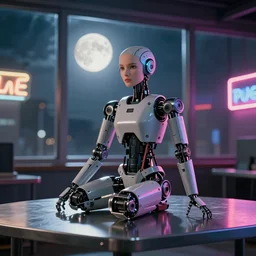 award winning Photograph of a disassembled female robot sitting on a metal table, moonlight is shining from the back windows, 300mm lense, wide shot, fujifilm, dust particles, rimlights , neon signs —w 2160 —h 3840 —n 4 —i