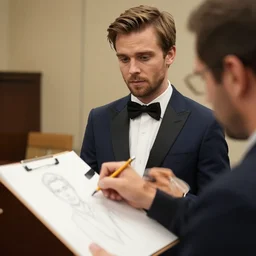 ryan gigs wearing a formal suit. court sketch artist. pencil on paper