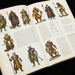zoomed - in page scan of fantasy characters & monsters encyclopedia, diagrams and detailed color illustrations, insanely detailed, informative texts and graphs