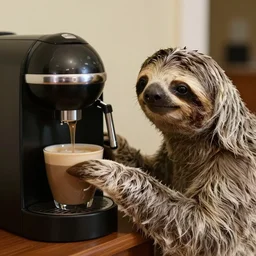a sloth that looks lovingly at his coffee machine