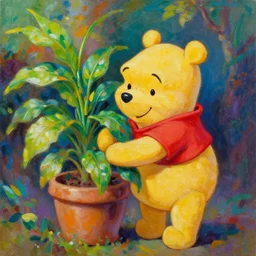 winnie the pooh hugs a pot plant colorful, vivide colors, amazing light, really beautiful nature, oil painting, 8 k octaner ender by sadamoto by makoto shinkai, kandinsky touches, multiple brush strokes, inspired by ghibli, masterpiece, beautiful