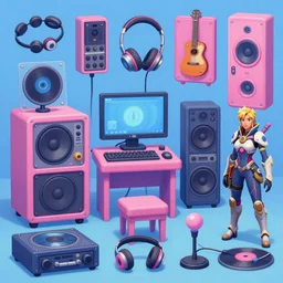 game asset of the sims music studio audio equipments furniture and decorations, in gouache detailed paintings, props, stylized, 2 d sprites, kitbash, arcane, overwatch, blue and pink color scheme, 8 k, close up