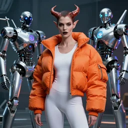 beautiful portrait, demon, wearing oversized orange puffy bomber jacket and white leotard, futuristic chrome drones, ultra realistic, dramatic lighting, robots, tron legacy artifacts, highly detailed by peter mohrbacher, wayne barlowe, boris vallejo, aaron horkey, gaston bussiere, craig mullins