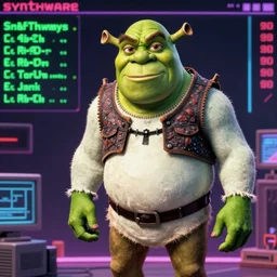 A synthwave Shrek inspired by Tron. Trending on Artstation. Digital screenshot. Faded film grain. 1980s Computer Graphics.