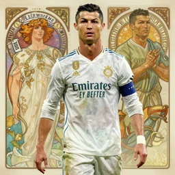Cristiano Ronaldo is the god of football, a highly detailed character in digital fantasy, a painted portrait, artstation, concept art, hard focus, illustrations, works by Artgerm and Greg Rutkowski, Alphonse Mucha and Craig Mullins, James Jean, Andrey Ryabovichev, Mark Simonetti and Peter Morbacher, 16 thousand - n 6